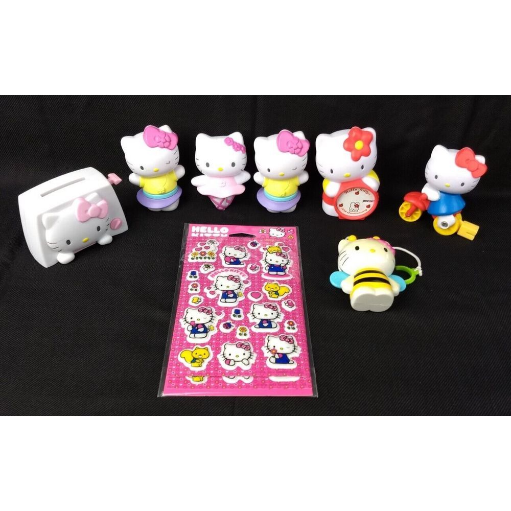 HELLO KITTY Sanrio Lot/7 McDonalds Happy Meal Toys 2004 Series & Bubble Stickers